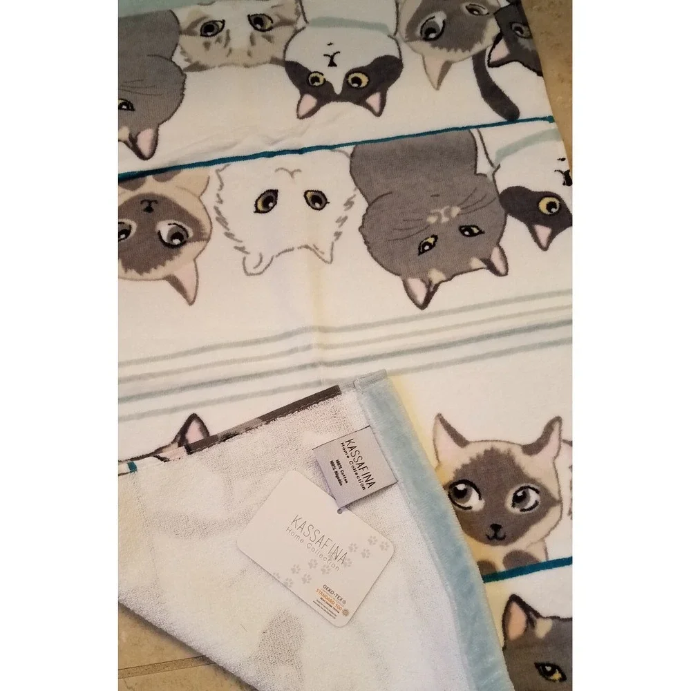 Kassafina Hand Towel 16x26 Cats Faces Lt‎ Blue NEW